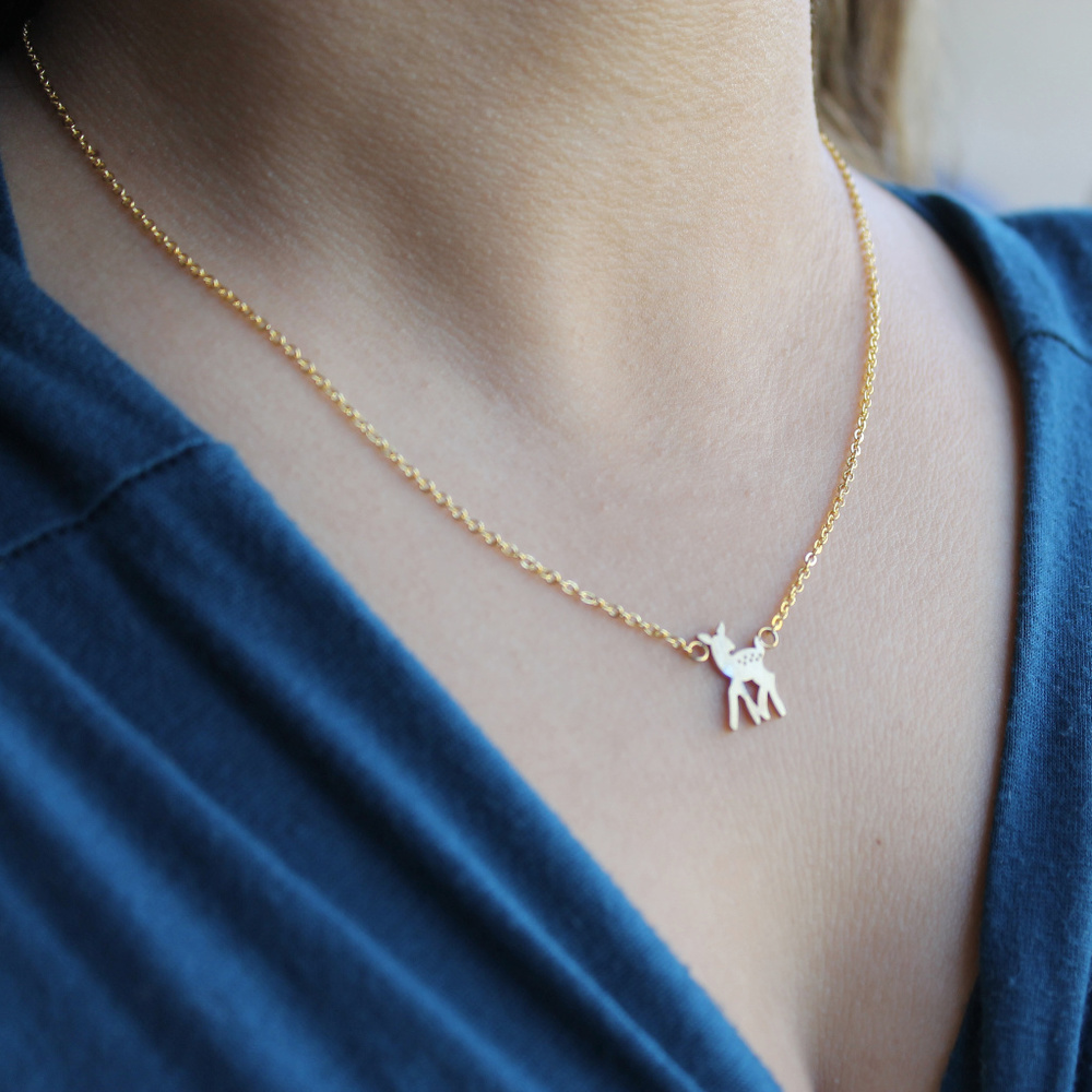 Dainty Tiny Baby Deer Fawn Pendant Necklace, Gold